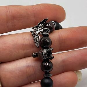 Artisan Healing Hematite Red Jasper Matte Black Beaded Bracelet 7.5in
